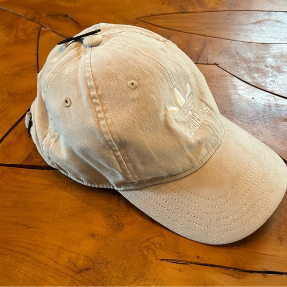 NEW Adidas Trefoil Logo Hat Acid Wash Spellout Strapback Tan Beige Adult - Picture 5 of 8